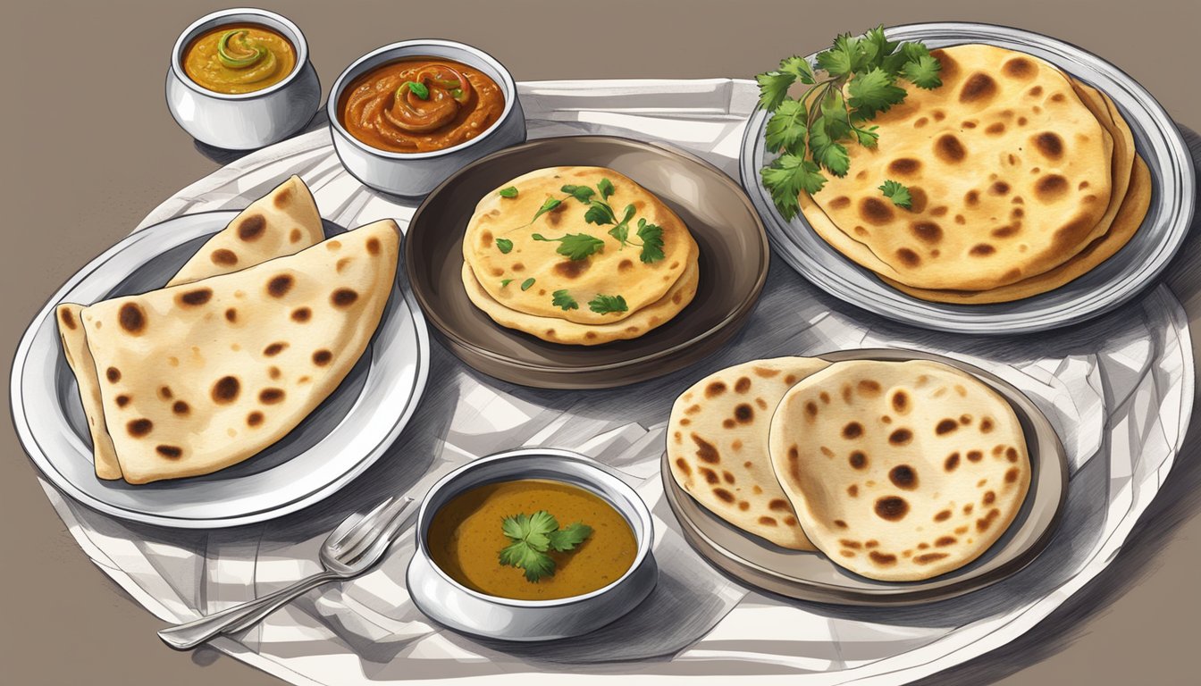 A table set with a plate of naan bread, accompanied by various dishes of curry and chutney