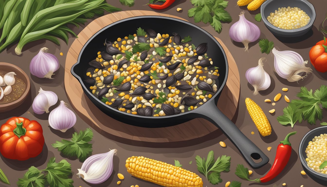 A person cooking huitlacoche in a skillet with onions, garlic, and chili, surrounded by fresh corn and herbs