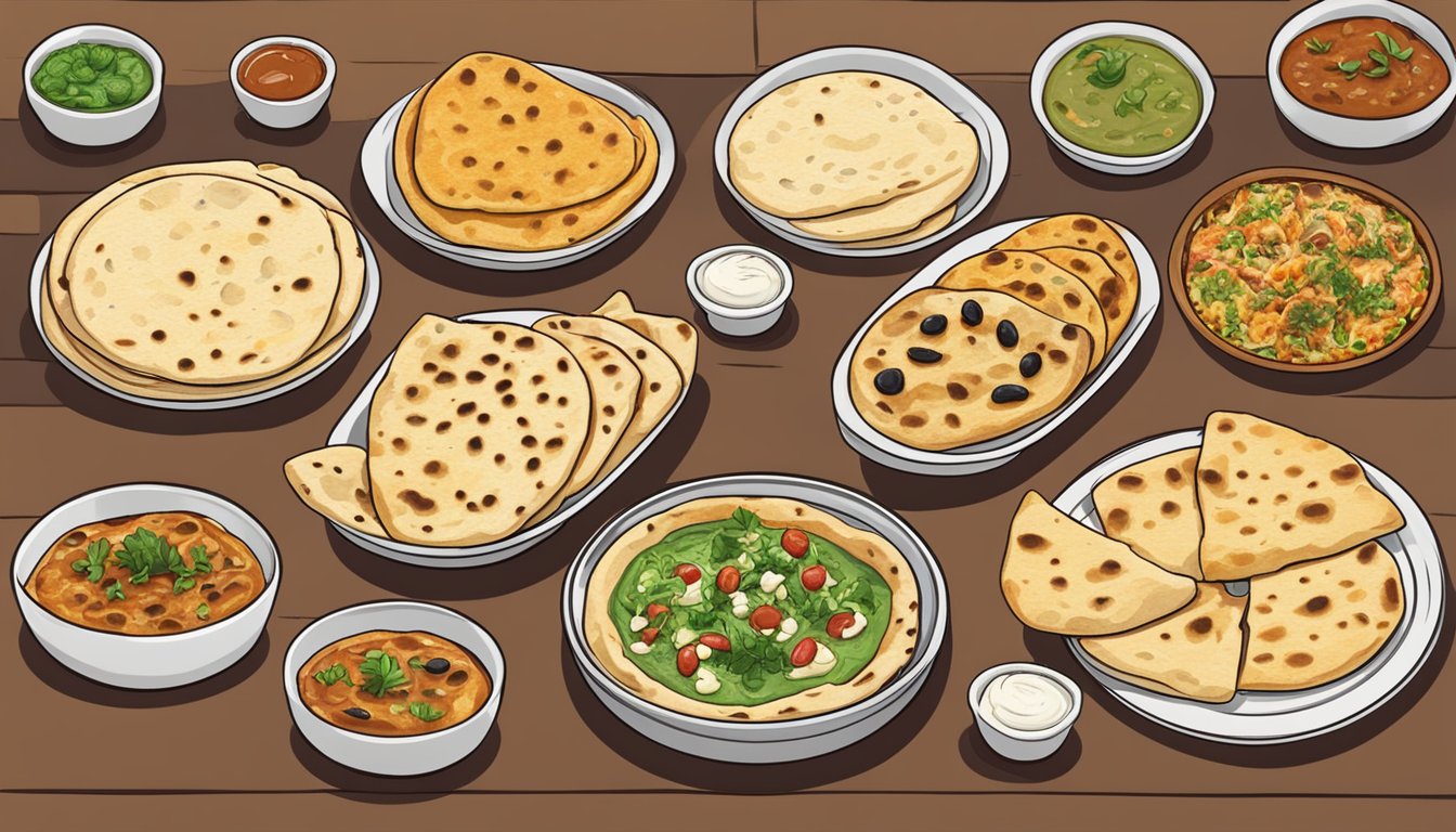 A plate of various naan bread types arranged with accompanying dips and toppings, ready to be eaten