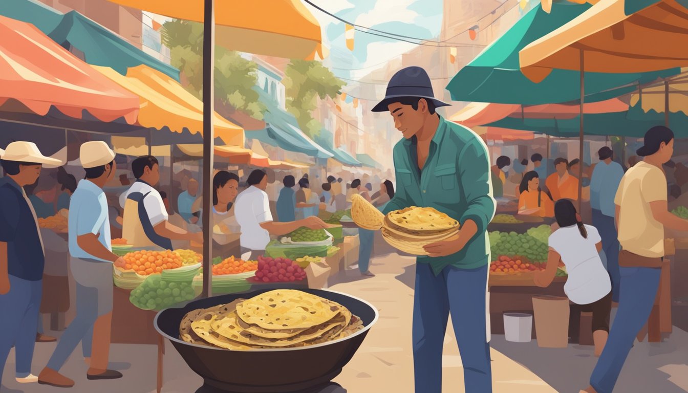 A person holding a huitlacoche-filled tortilla, surrounded by a vibrant market with various food stalls and bustling activity