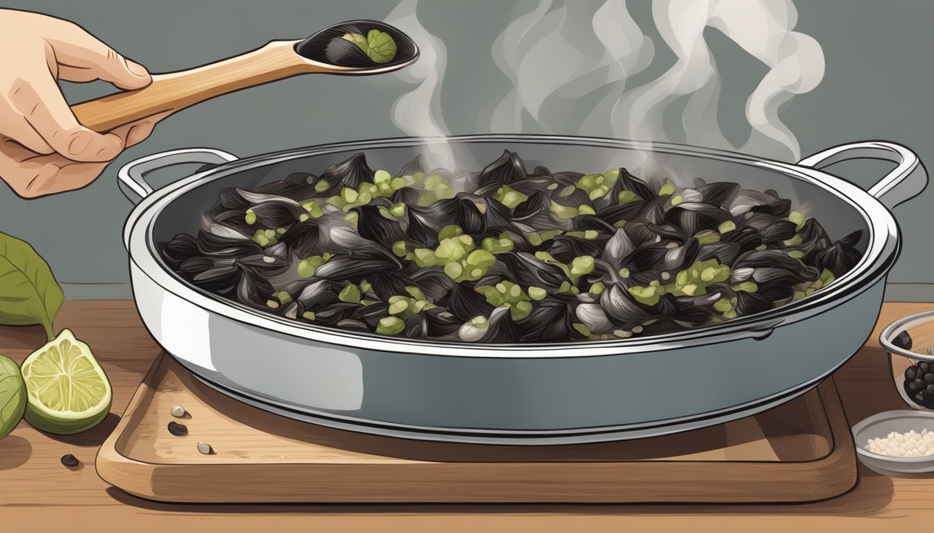 A person cooking huitlacoche in a pan over a stove, with a wooden spoon stirring the black fungus