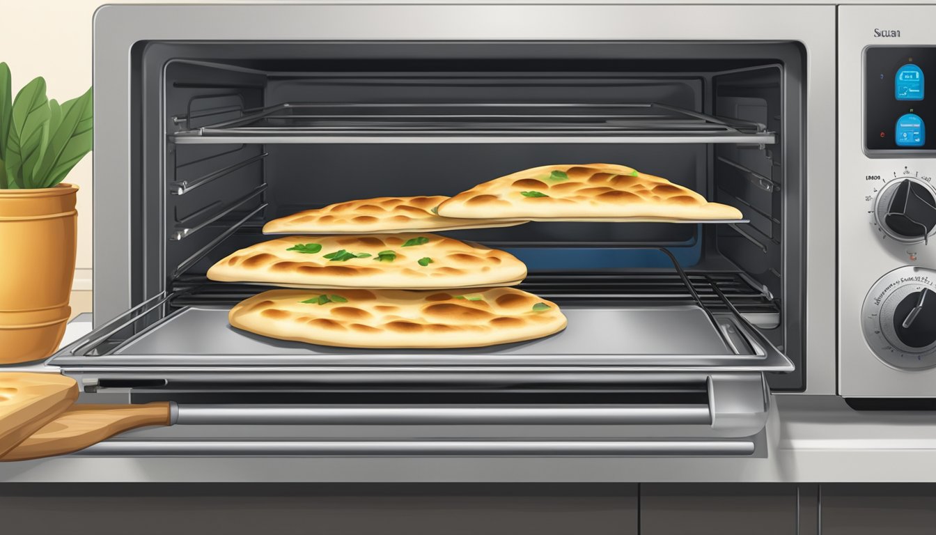 A plate of naan bread being placed in a toaster oven