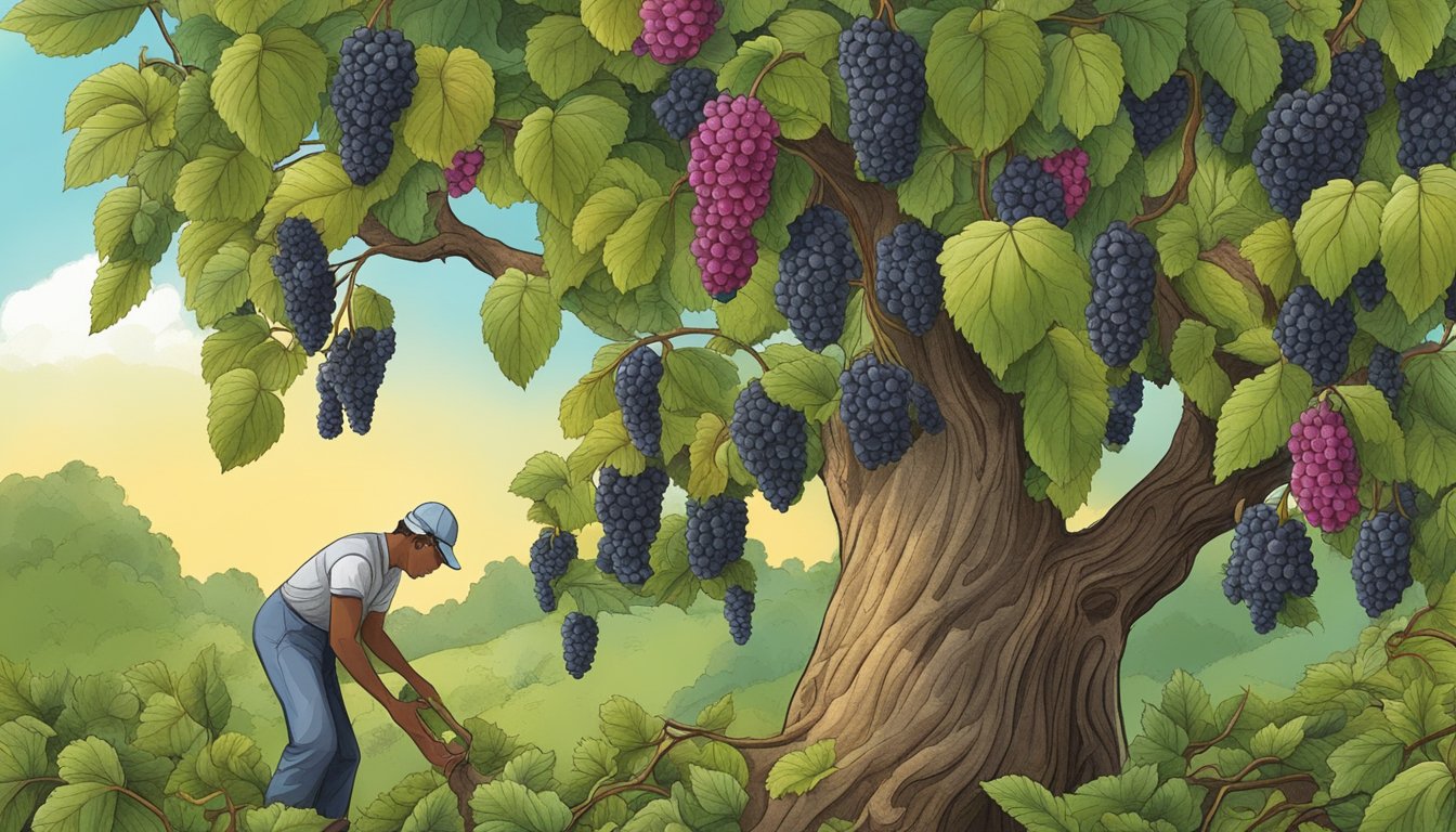 A tree with ripe mulberries being harvested by a figure