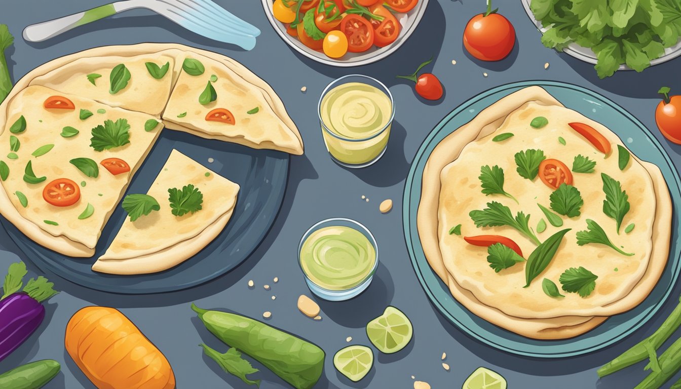 A person spreads hummus on a piece of naan bread, surrounded by fresh vegetables and a glass of water