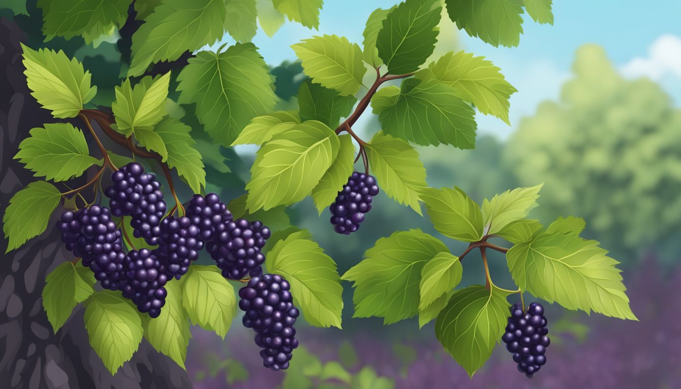 A mulberry tree with ripe, dark purple berries hanging from the branches, surrounded by lush green leaves. A few fallen berries lay on the ground