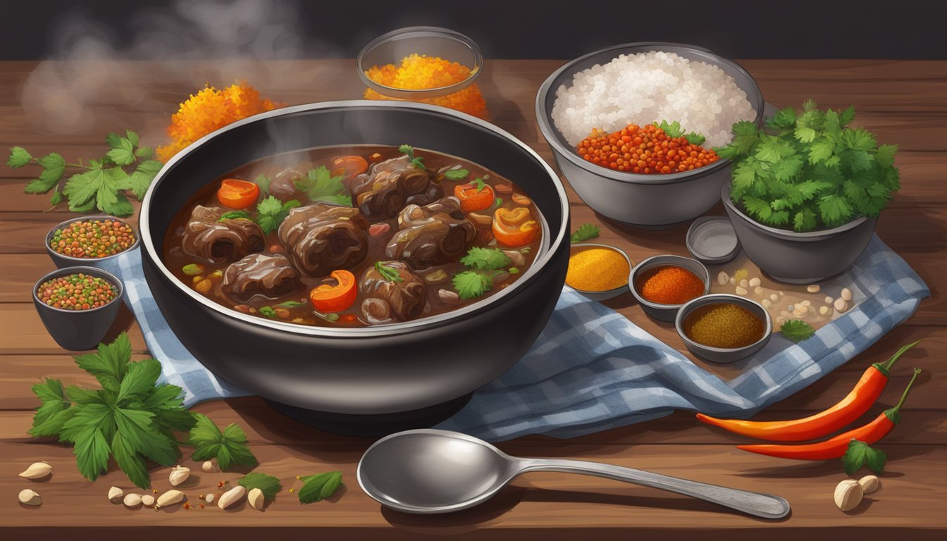 A steaming bowl of oxtail stew sits on a rustic wooden table, surrounded by colorful spices and herbs. A spoon rests beside the bowl, ready for someone to dig in