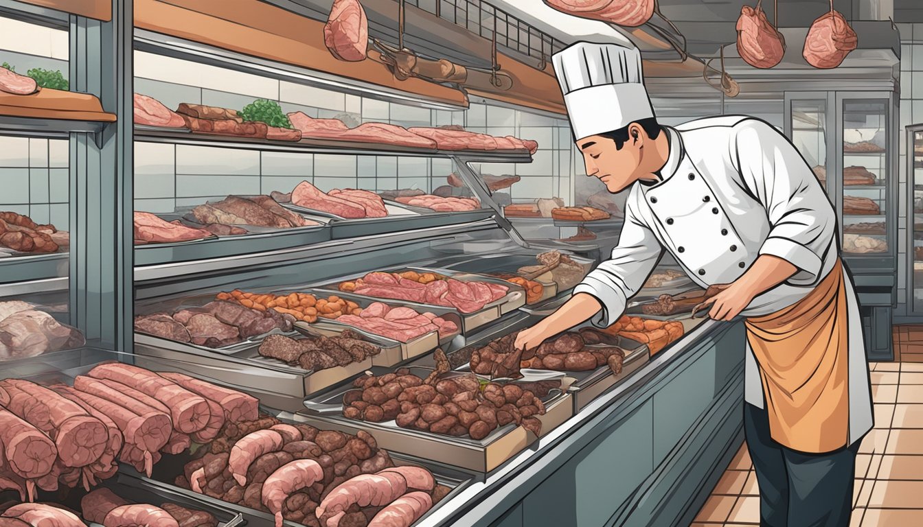 A chef selecting fresh oxtail from a butcher's display, surrounded by various cuts of meat and hanging sausages