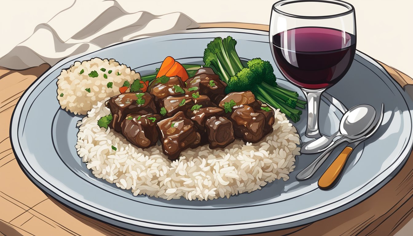 A plate of oxtail stew with steamed vegetables and rice, accompanied by a glass of red wine