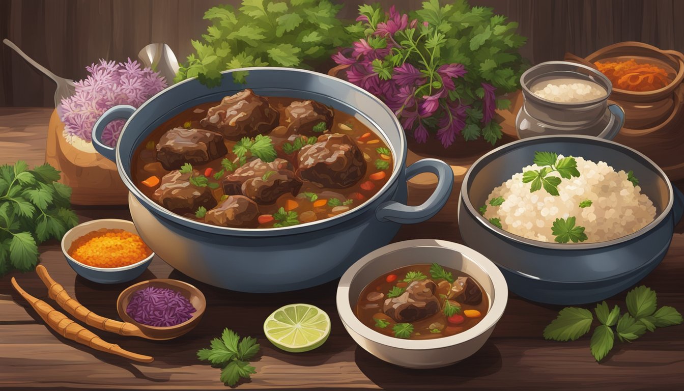 A steaming bowl of oxtail stew sits on a rustic wooden table, surrounded by a colorful array of fresh herbs and spices