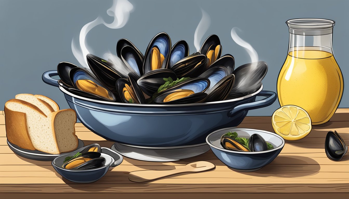 A wooden table set with a steaming pot of mussels, a bowl of lemon wedges, and a side of crusty bread