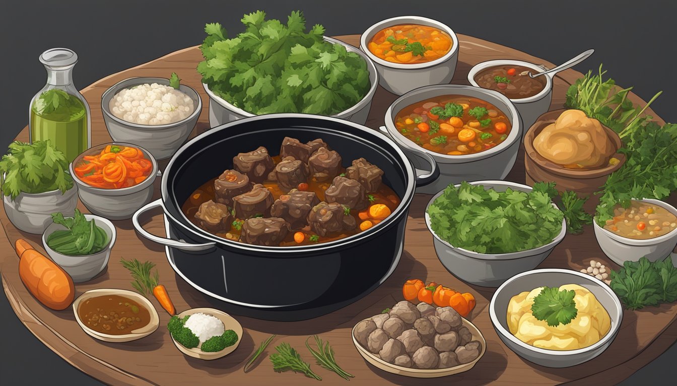 An oxtail simmering in a pot with aromatic vegetables and herbs, surrounded by bowls of freshly made stocks and sauces