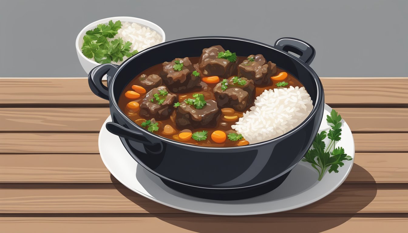 A steaming bowl of oxtail stew, garnished with fresh herbs, sits on a rustic wooden table with a side of fluffy white rice