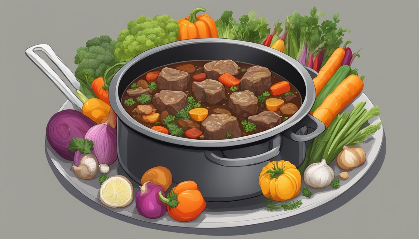 A simmering pot of oxtail stew surrounded by colorful vegetables and herbs, with a steaming bowl and spoon ready for serving