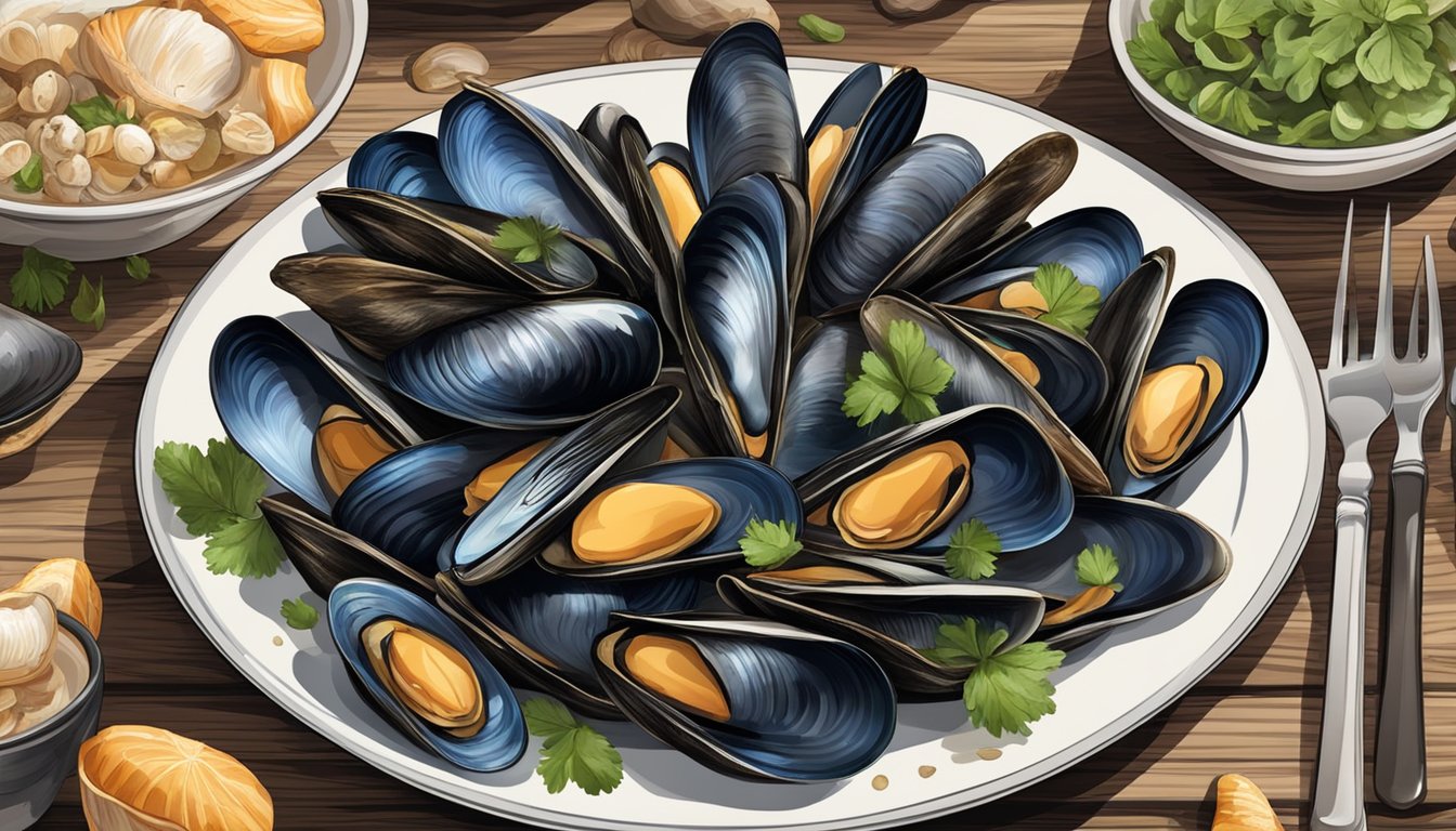 A plate of mussels surrounded by other shellfish, with a fork and knife on the side