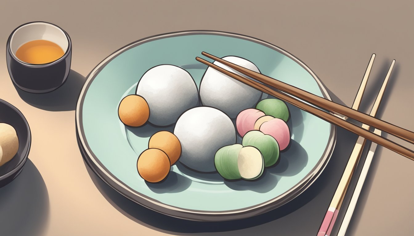 A pair of wooden chopsticks delicately pick up a round, soft mochi ball from a plate, ready to be savored