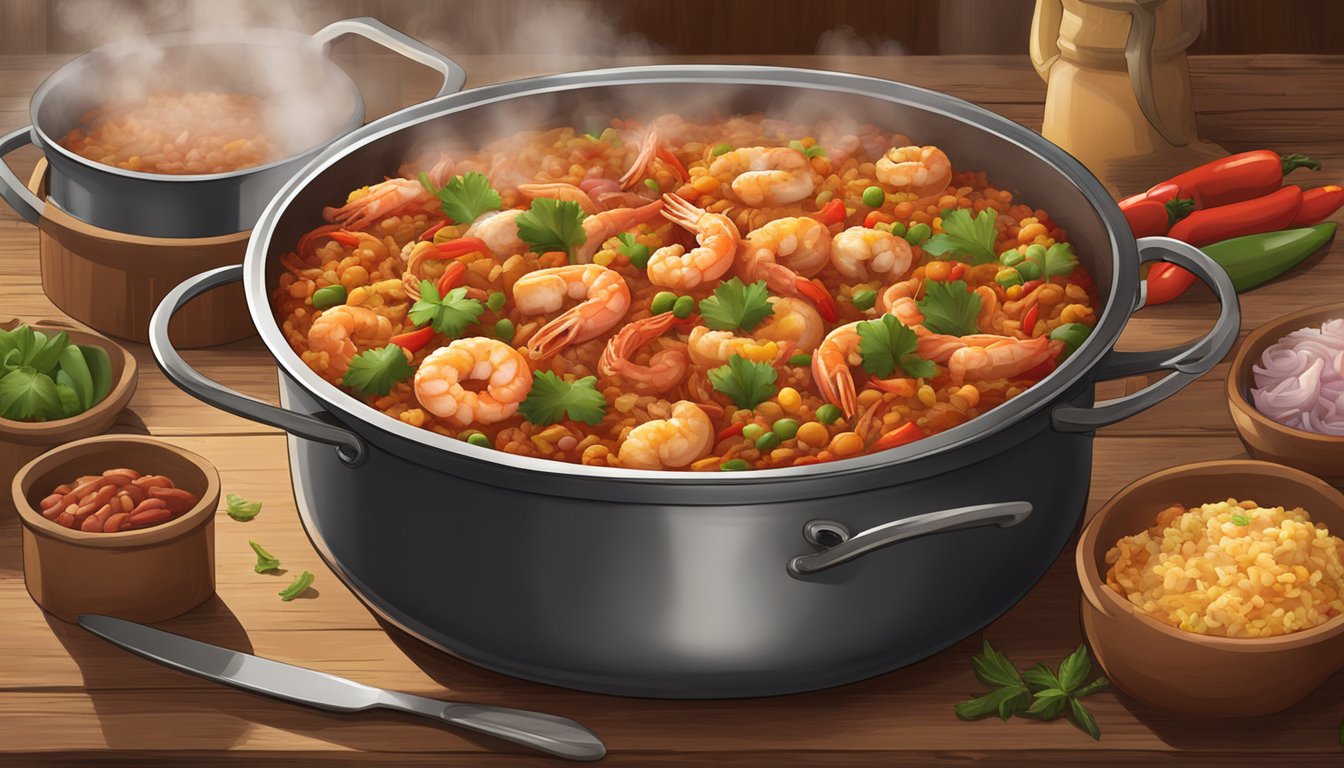 A steaming pot of jambalaya sits on a rustic wooden table, surrounded by colorful ingredients like shrimp, sausage, and peppers. A tantalizing aroma fills the air as steam rises from the dish