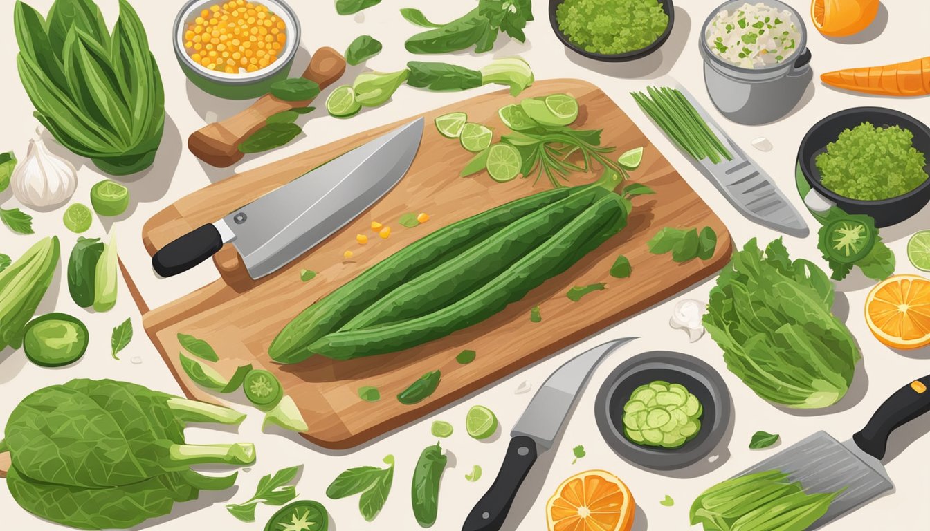 A chef slicing and grilling nopales on a cutting board, surrounded by various fresh ingredients and cooking utensils