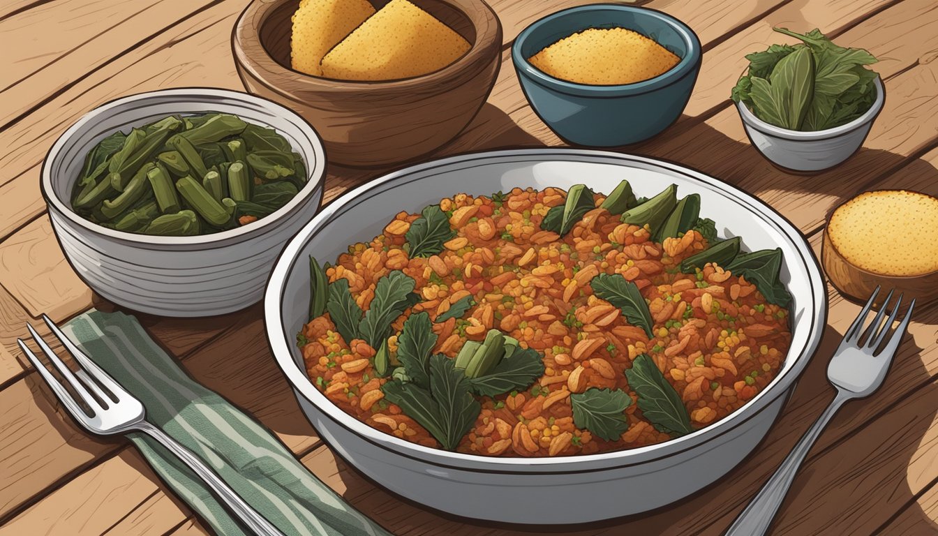 A bowl of jambalaya surrounded by cornbread, collard greens, and okra on a rustic wooden table