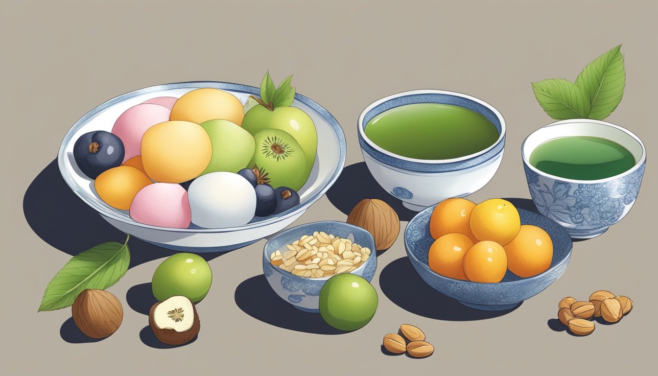 A plate of mochi surrounded by various fruits and nuts, with a bowl of green tea on the side