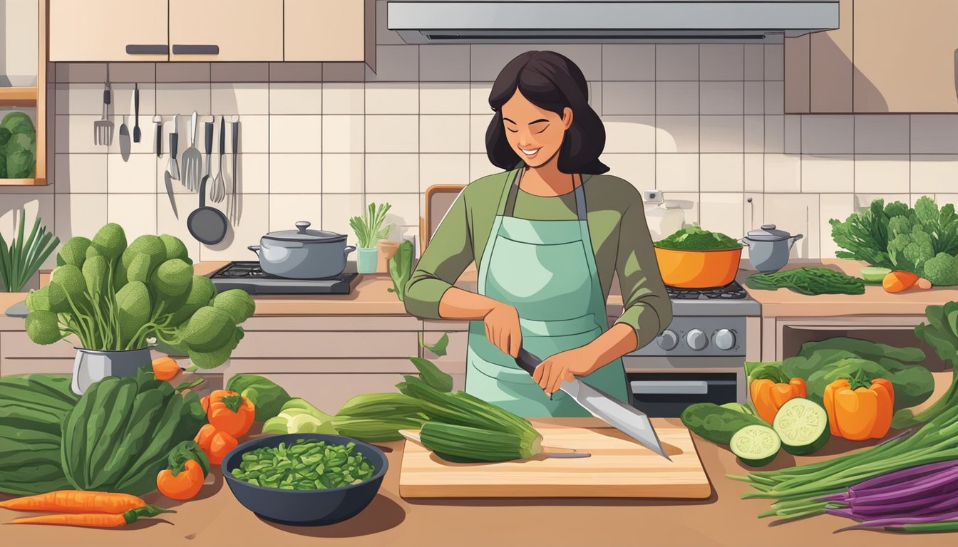 A person slicing nopales in a kitchen, surrounded by fresh vegetables and cooking utensils