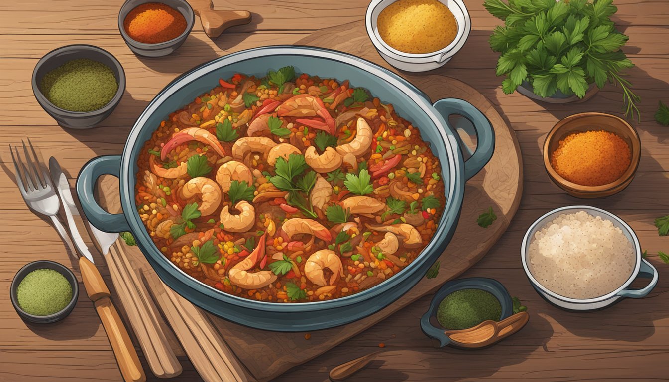 A steaming bowl of jambalaya sits on a rustic wooden table, surrounded by colorful spices and fresh herbs. A fork rests beside the bowl, ready to dig in