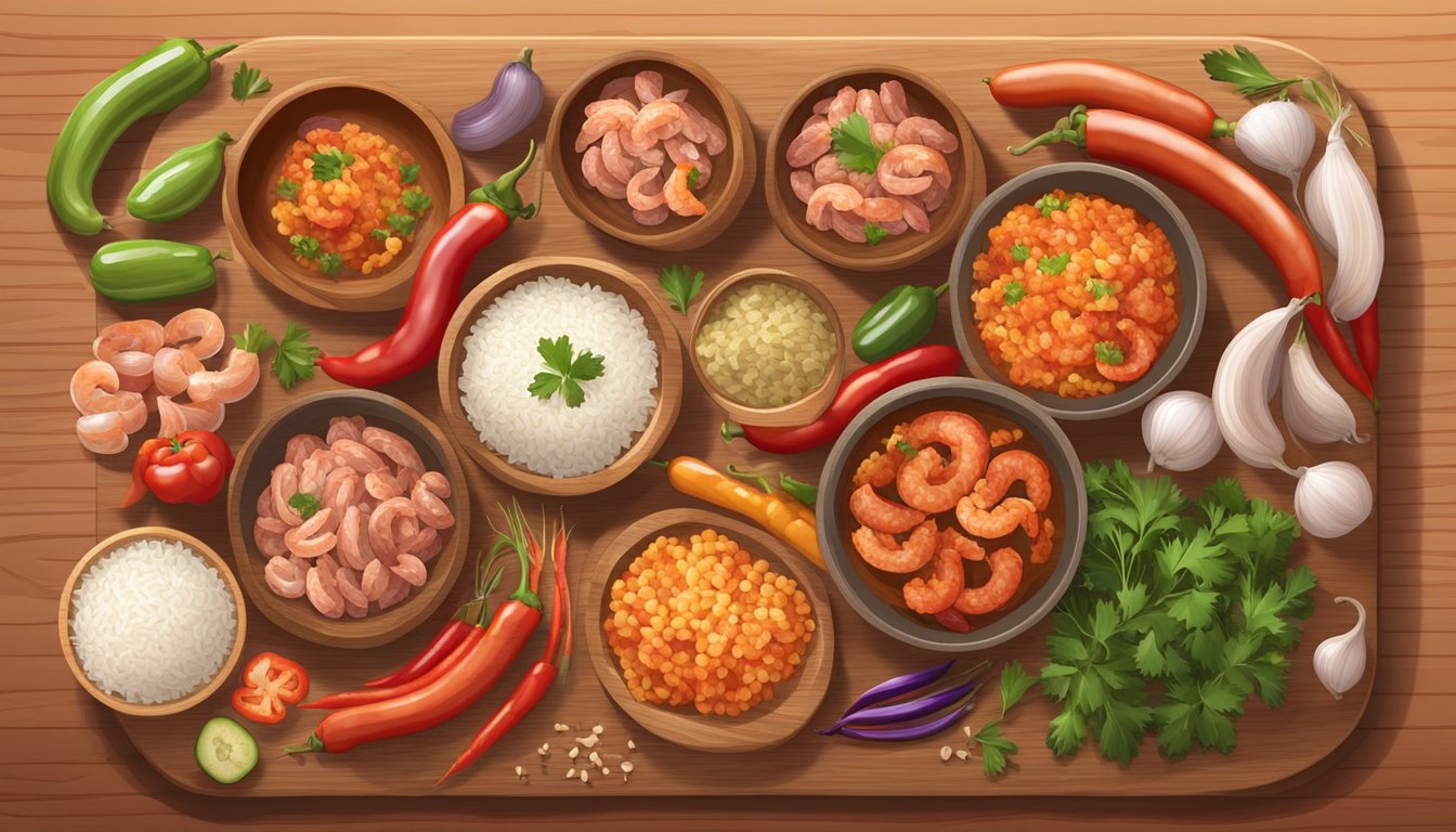 A colorful spread of jambalaya ingredients arranged on a wooden cutting board, including sausage, shrimp, rice, bell peppers, and spices