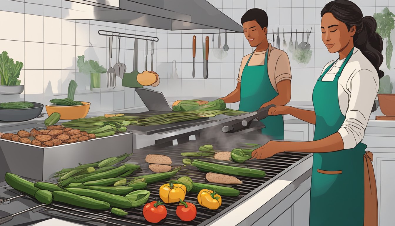 A person grilling nopales on a barbecue, while others are chopping and sautéing nopales in a busy kitchen