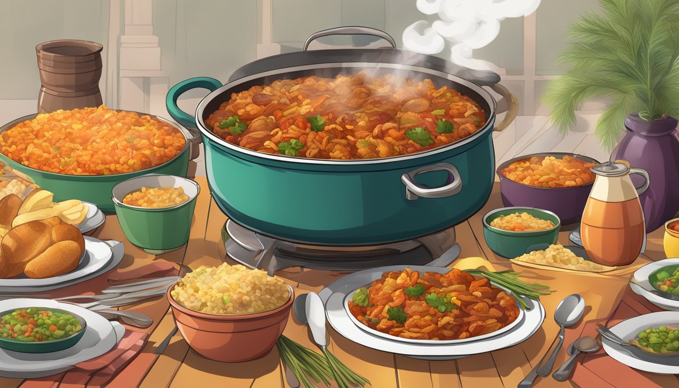 A festive table with a steaming pot of jambalaya surrounded by colorful plates and utensils, ready for a lively gathering