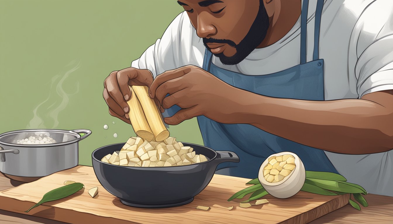 A person peeling and cutting manioc roots on a cutting board, with a pot of boiling water on the stove in the background