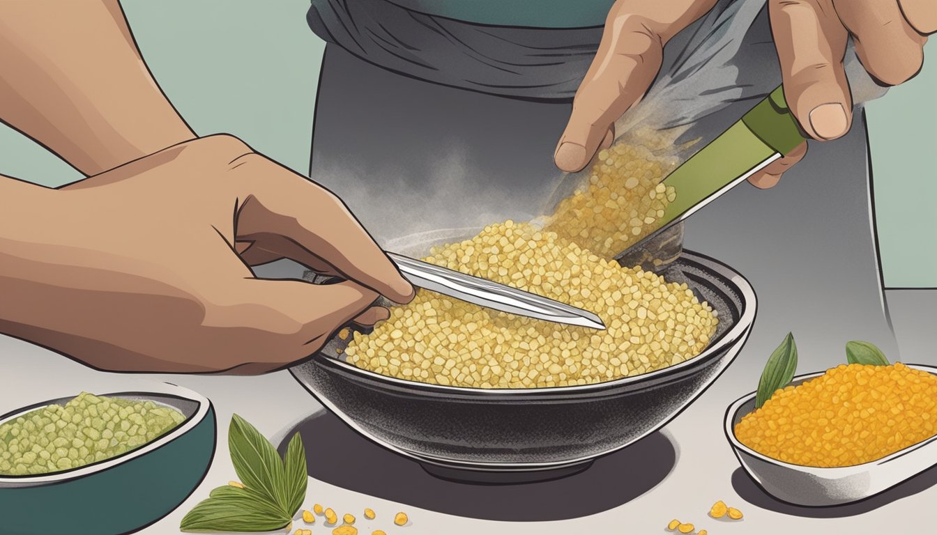 A person grating manioc into a bowl, while another person peels it with a knife