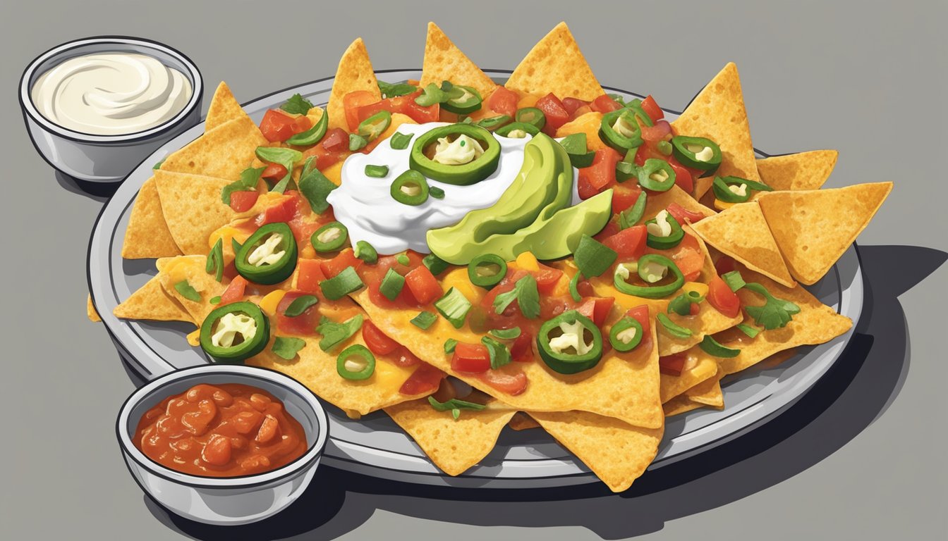 A plate of nachos topped with melted cheese, jalapenos, and salsa, surrounded by a bowl of guacamole and another of sour cream