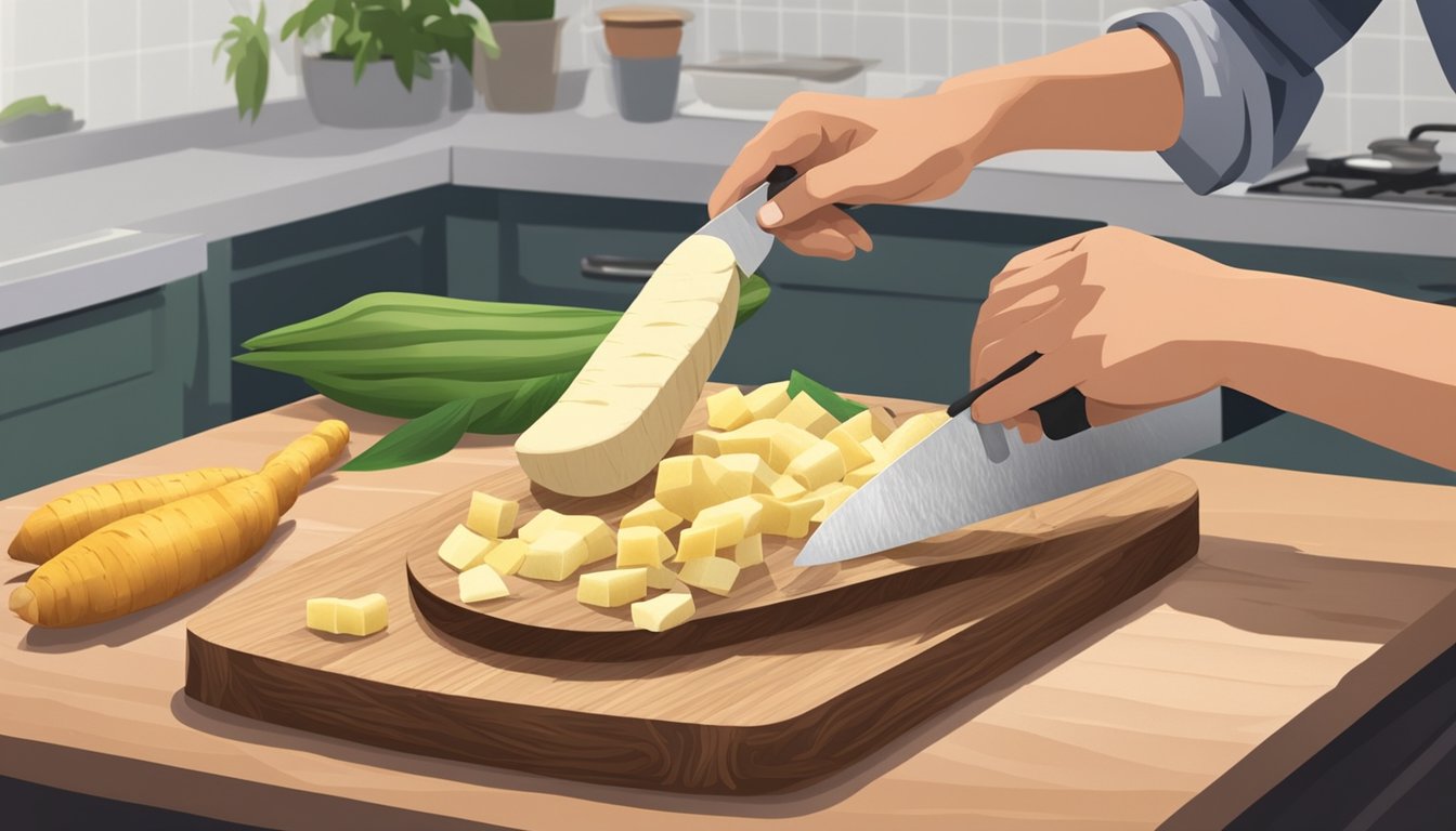 A person peeling and chopping manioc with a knife on a clean cutting board, with a pot of boiling water nearby for cooking