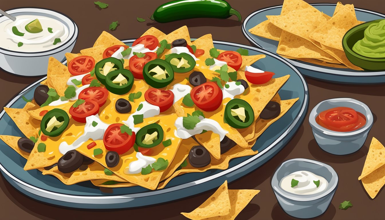 A plate of classic nachos topped with melted cheese, jalapeños, tomatoes, and sour cream, with a side of salsa and guacamole