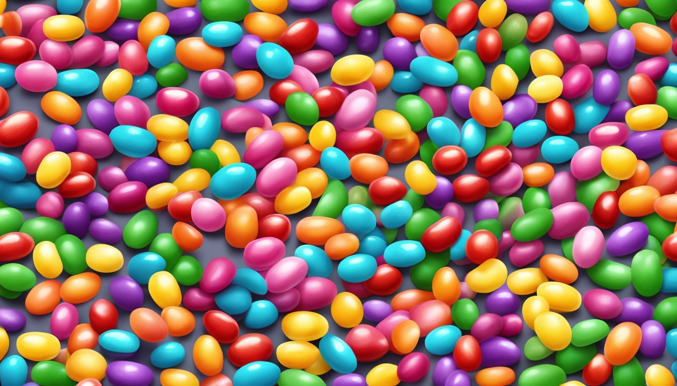 A colorful pile of jelly beans scattered on a tabletop, with one jelly bean being picked up by a pair of tweezers