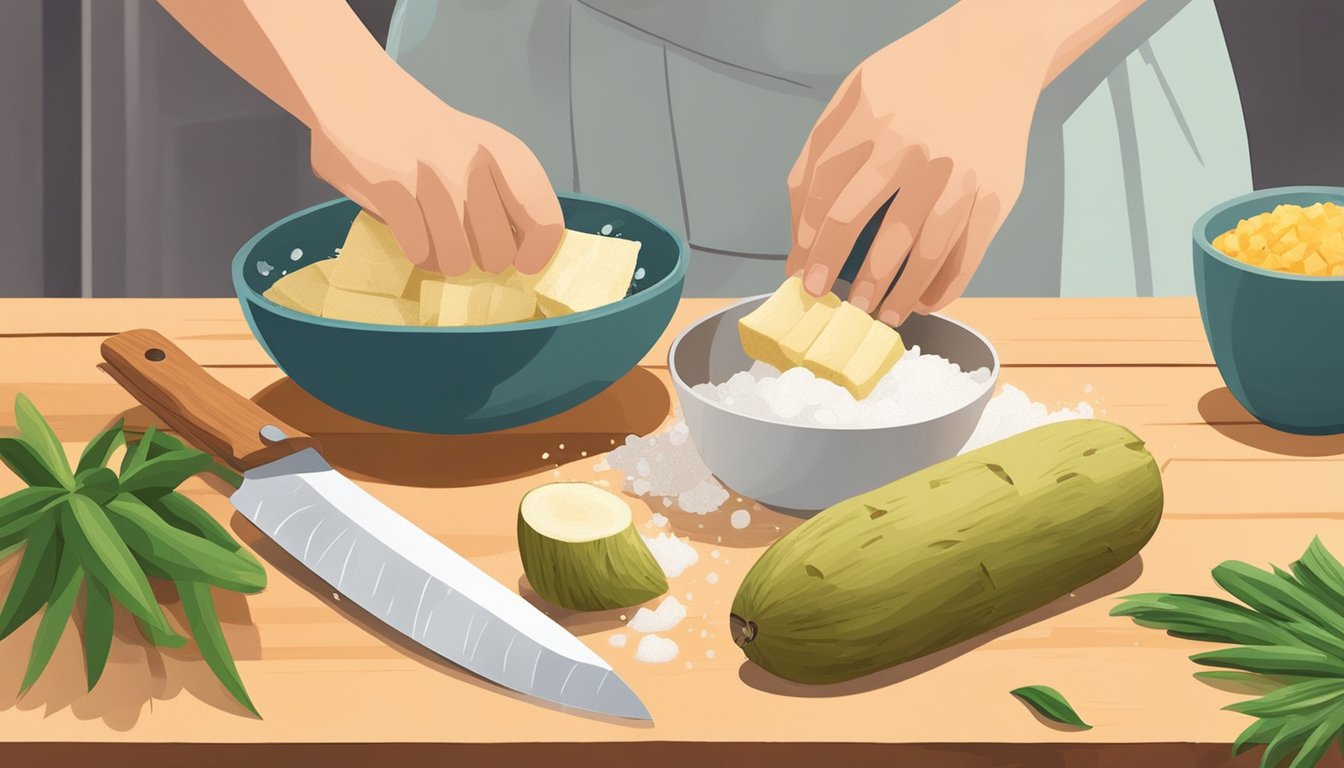 A person using a knife to peel and chop manioc on a wooden cutting board, with a bowl of water nearby for washing