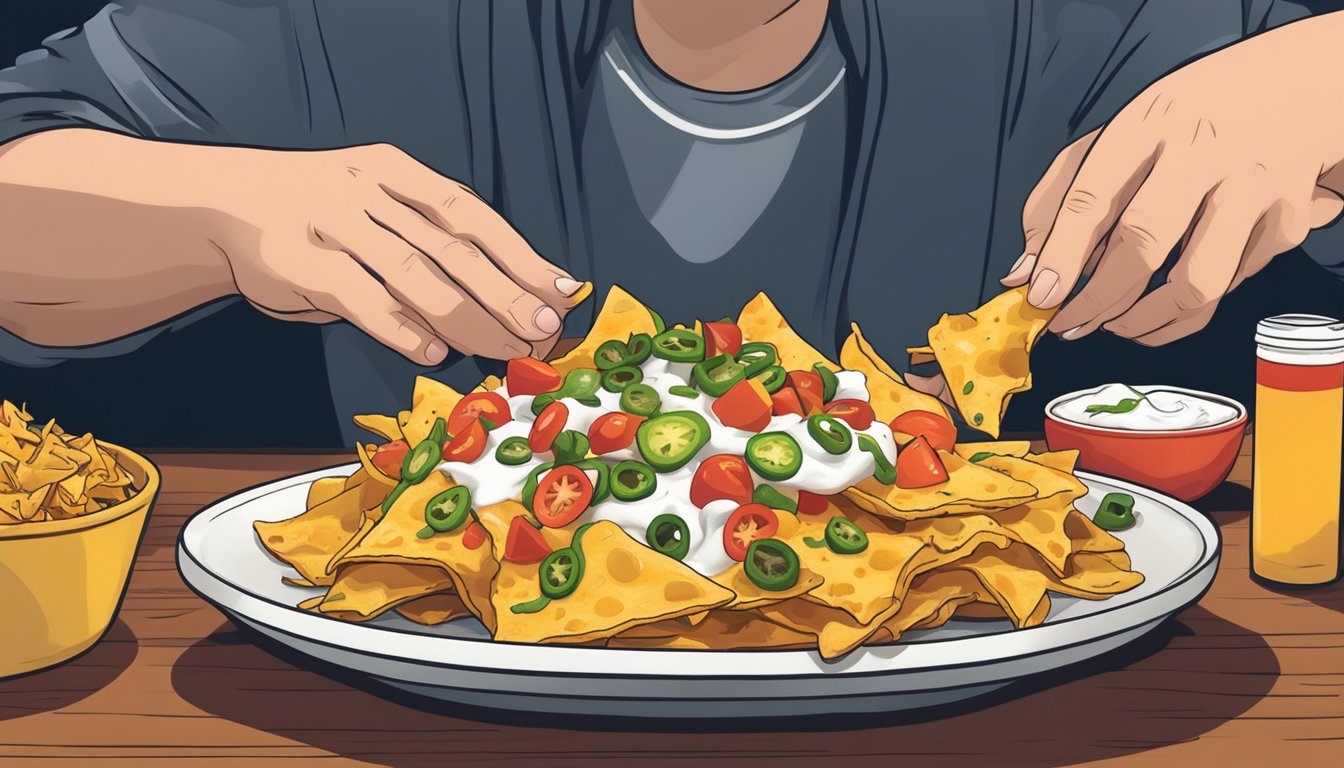 A plate of loaded nachos sits on a table, topped with melted cheese, diced tomatoes, jalapenos, and sour cream. A hand reaches for a chip, ready to scoop up a mouthful of the savory snack