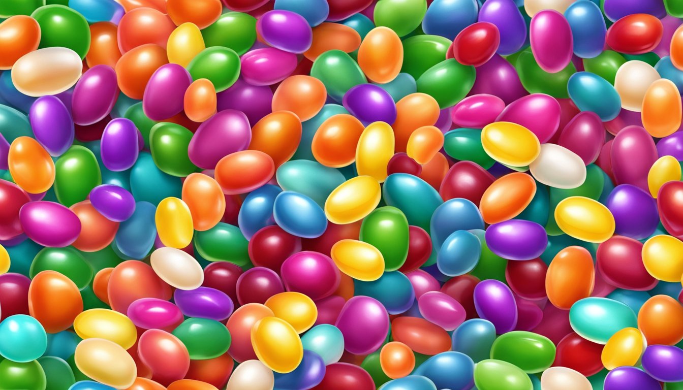 A colorful pile of jelly beans scattered on a table, some whole and others split open, revealing their sugary insides