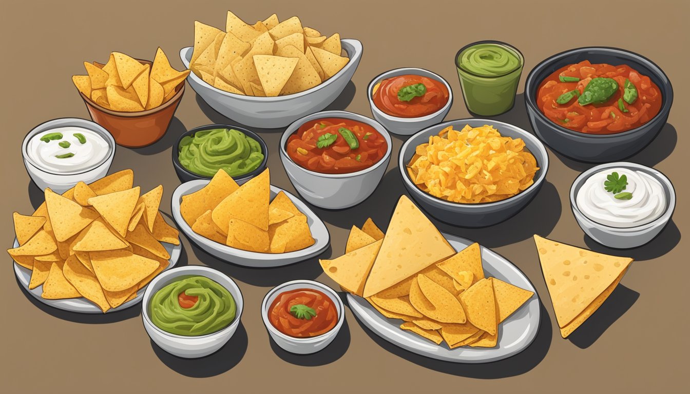 A table spread with various nacho toppings: cheese, salsa, guacamole, jalapeños, and sour cream. Chips arranged neatly on a platter