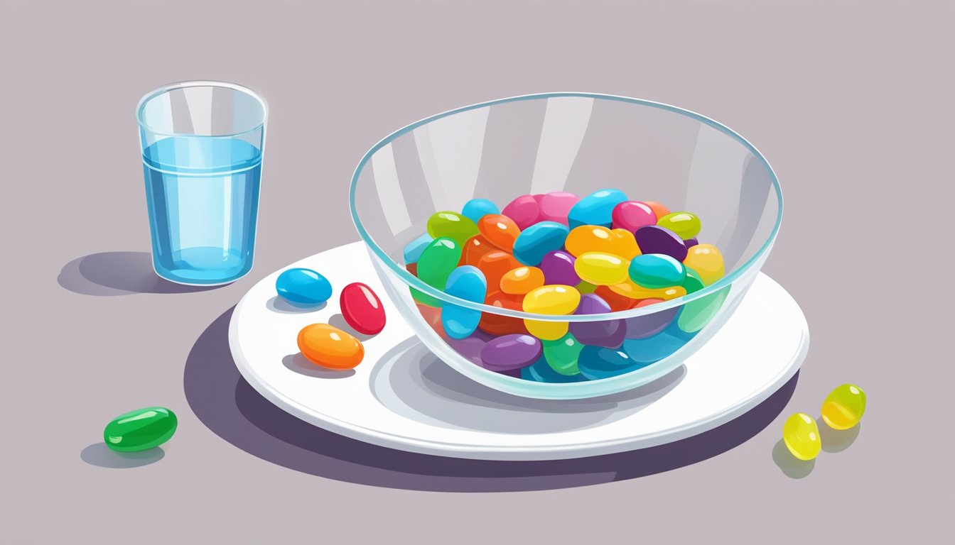 A colorful jelly bean sits on a white plate next to a measuring cup of water and a small pile of sugar