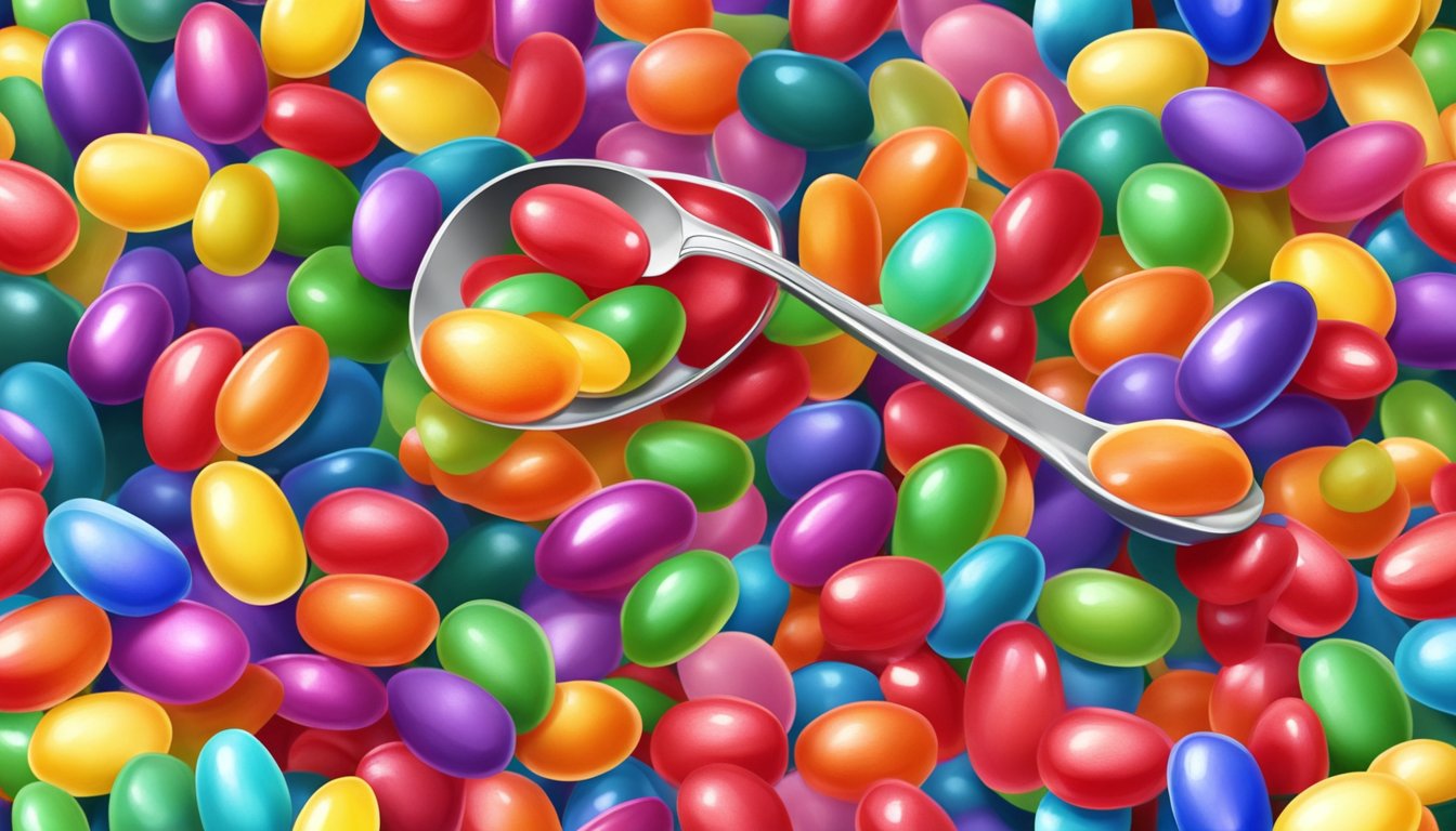 A colorful pile of jelly beans being scooped up by a small spoon