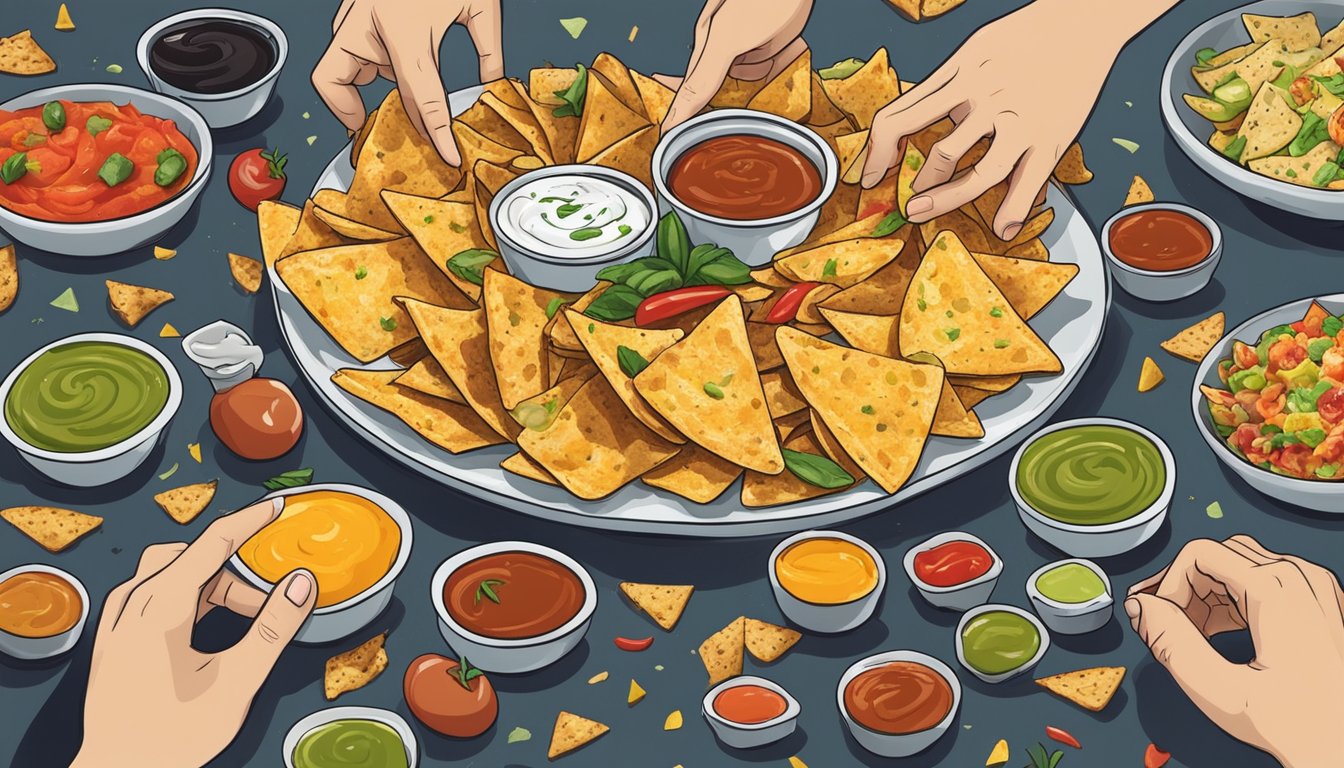 A plate of nachos surrounded by an array of sauces and condiments, with a hand reaching in to grab a chip