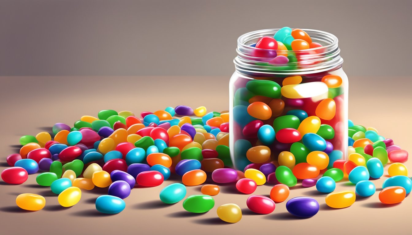 A colorful pile of jelly beans spilling out of a glass jar onto a table, with one jelly bean rolling away