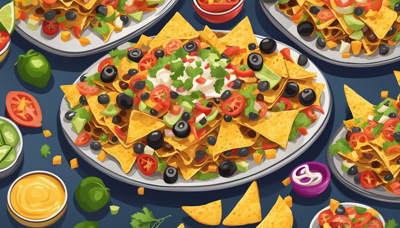 A plate of loaded nachos with various toppings arranged in a colorful and appetizing display