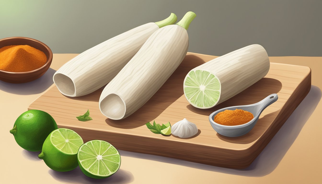 A jicama stick with a peeled skin lying on a cutting board, surrounded by a bowl of lime wedges and a dish of chili powder