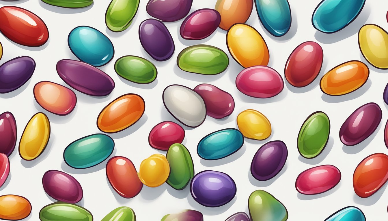 A colorful jelly bean sits on a white surface, surrounded by a few more scattered beans