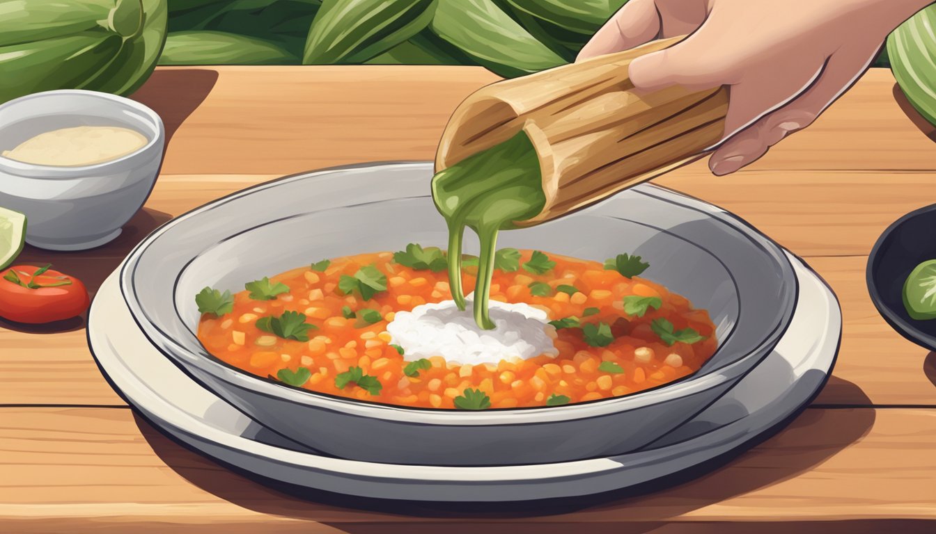 A jicama stick being dipped into a small bowl of salsa on a wooden cutting board