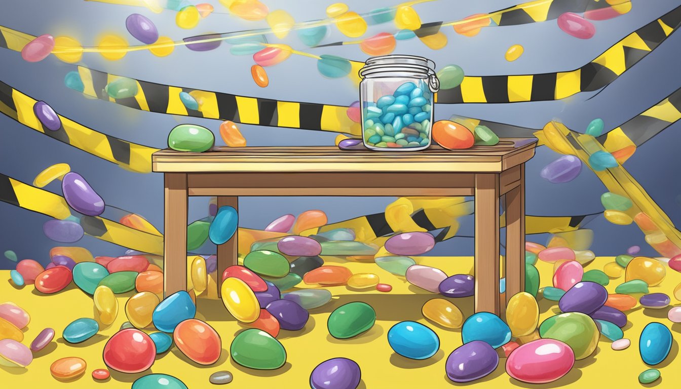 A jelly bean hovers above a table, surrounded by caution tape and warning signs