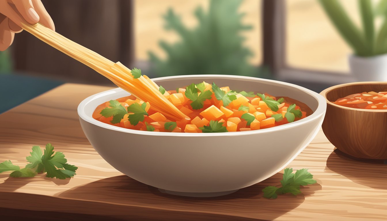 A jicama stick being dipped into a bowl of tangy salsa on a rustic wooden cutting board