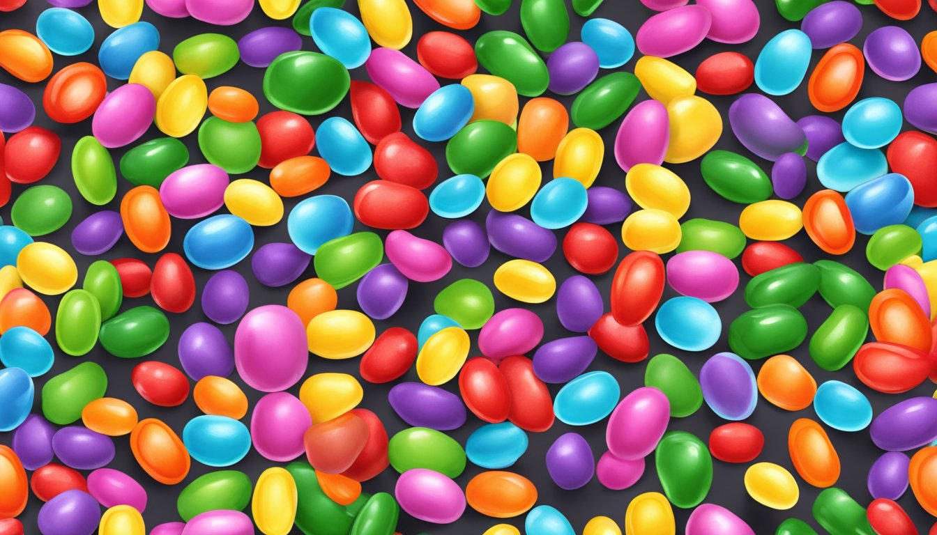 A colorful array of jelly beans scattered on a table, some in a bowl, others rolling off the edge