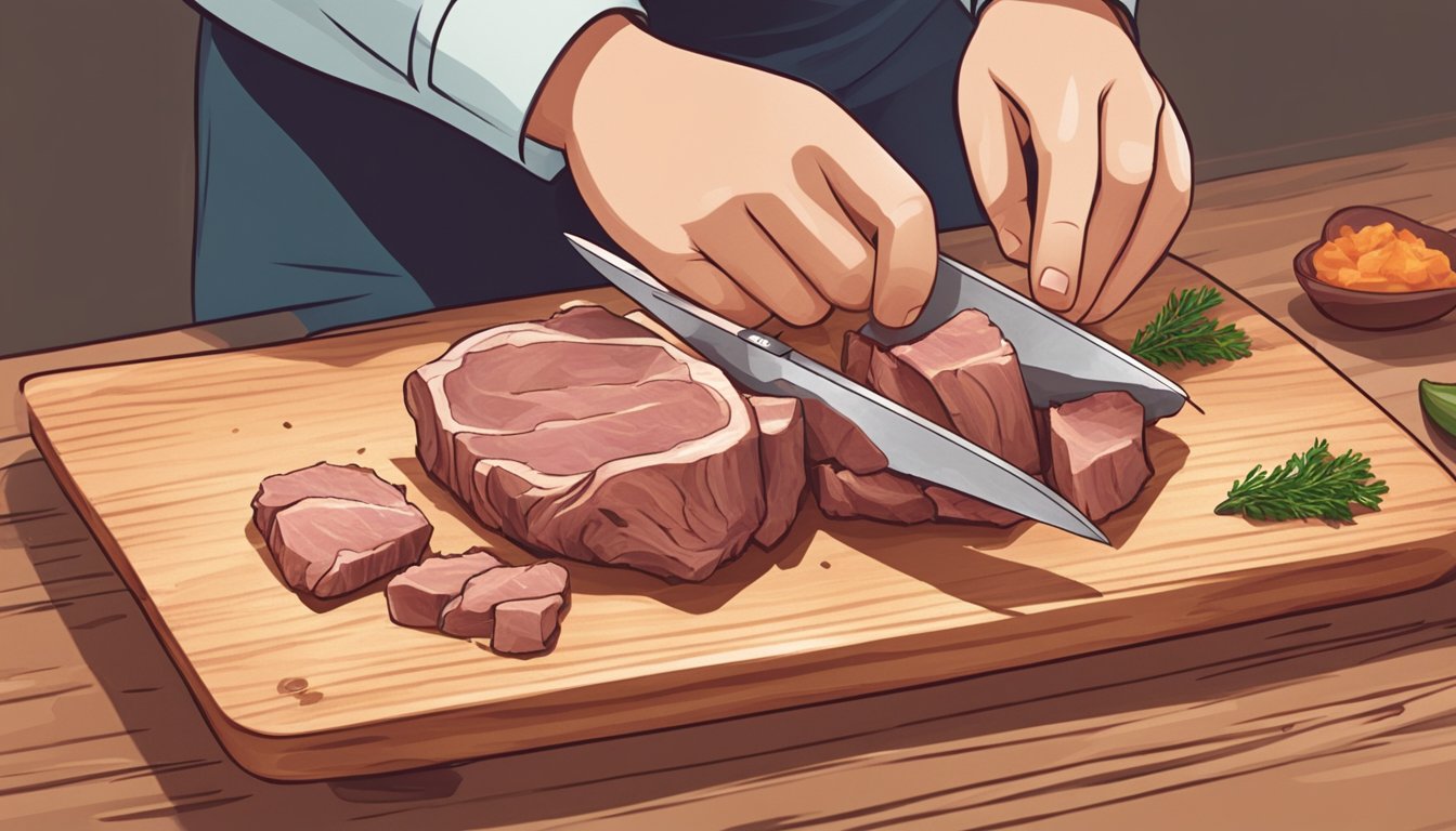 A person slicing cooked mutton into bite-sized pieces with a sharp knife on a wooden cutting board